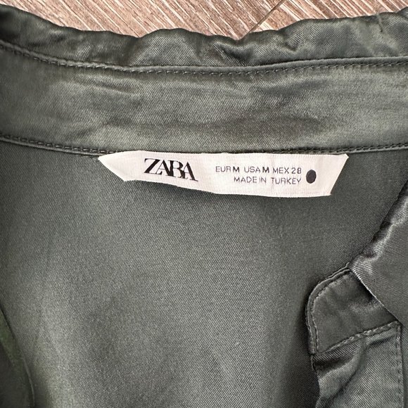 Zara Scrunched Pleated Satin Effect Shirt Bottle Green - Picture 3 of 7